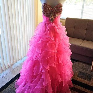 Night Moves 6606 Prom Dress Strapless Ruffled Bottom Barbie Hot Pink Size 10 EUC